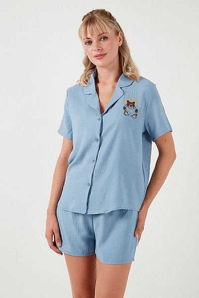 Lela Shirt Collar and Elastic Waist Shorts Pajamas Set - Short Sleeve PYJAMAS SET 611PT00065