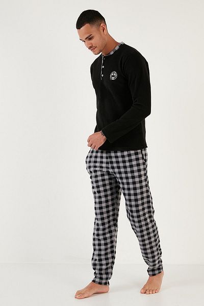 Buratti Σετ χειμωνιάτικων ανδρικών πιτζάμες fleece - καρό, με κουμπιά, λαιμόκοψη, κανονική εφαρμογή - 609