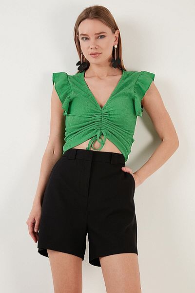 Lela Ruffle Detailed Slim Fit Crop Blouse with Ruffled Sleeves Blouse 5865015