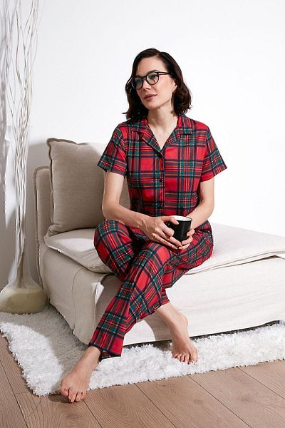 Lela Set de pijamale țesute cu model regular fit - mânecă scurtă și guler de cămașă cu talie elastică