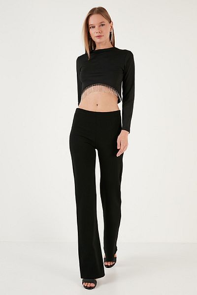 Lela Slim Fit Crew Neck Chain Crop Μπλούζα BLUZ 5865397