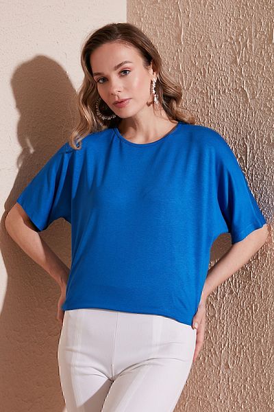 Lela Crew Neck Oversize Stretchy Textured Blouse BLUZ5864528