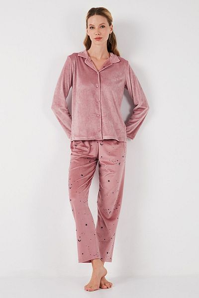 Lela Shiny Patterned Regular Fit Velvet Pajama Set - 65713311