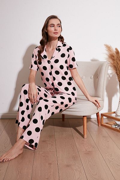 Lela Comfortable Cut Loose Leg Mono Collar Short Sleeve Pajama Set PYJAMAS SET6110290