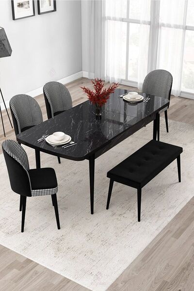 Canisa Jul Serisi 80x132 Açılabilir Siyah Mermer Desen Yemek Odası Takımı 4 Kazayağı Sandalye Ve 1 Bench