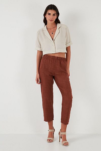 Lela Λινό Look ελαστικό παντελόνι μέσης - 5865797
