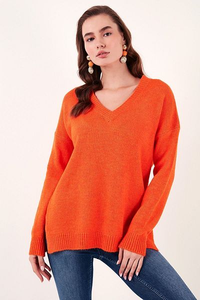 Lela Regular Fit V-Neck Long Knitwear Sweater with Slits on the Sides4616140