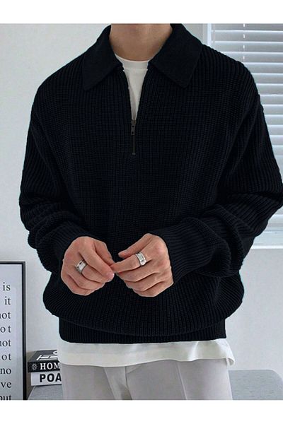 Know Black Polo Neck Knitwear Sweater - Men, Half Zipper