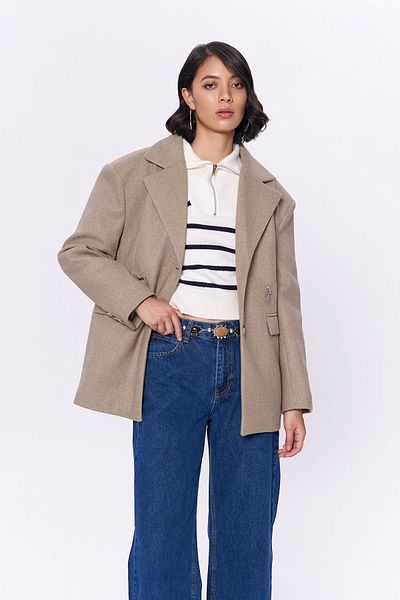Quzu Elastic Waist Stitched Blazer Jacket Beige