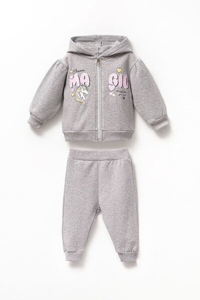 Minipodyum Şardonlu 2 İplik Kız Bebek Fermuarlı Kapşonlu Pamuklu Alt Üst Takım