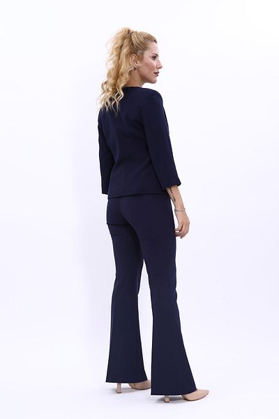 ÖNDER ÖZSOY Navy Blue V-Neck Short Jacket and Spanish Leg Trousers Set