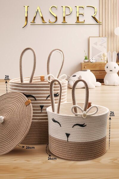 JASPER Bej İkili Jüt İp Tavşan Tasarımlı Çocuk Odası Oyuncak Kıyafet Kirli Sepeti Organizer