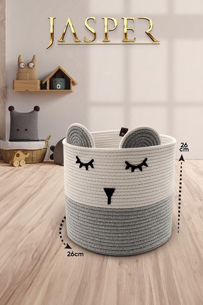 JASPER Gray Panda Designed Children's Room Organizer - Rope Jute and Dirty Basket, Multi-Purpose, 26X2