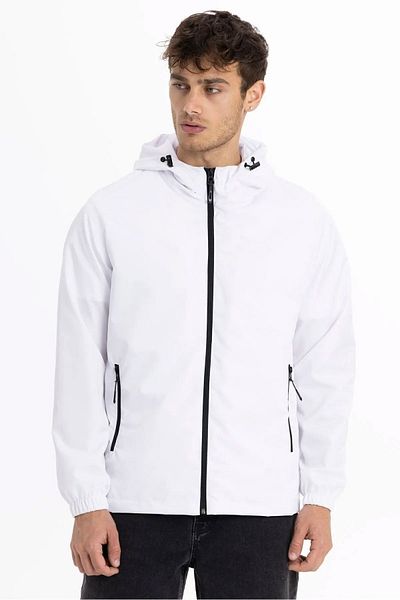 D1fference Men's White Lined Windproof Hooded Sports Raincoat with Pockets