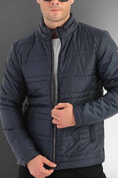 D1fference Men's Navy Blue Lined Windproof Stand Collar Coat