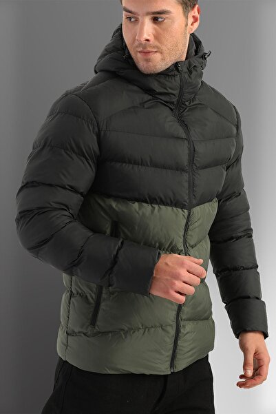 D1fference Pánský černý khaki sportovní zimní kabát s kapucí a kapucí