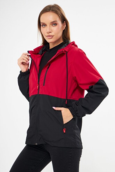 D1fference Női piros-fekete kétszínű bélelt szélálló kapucnis esőkabát zsebekkel