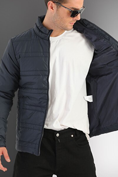 D1fference Men's Navy Blue Lined Windproof Stand Collar Coat