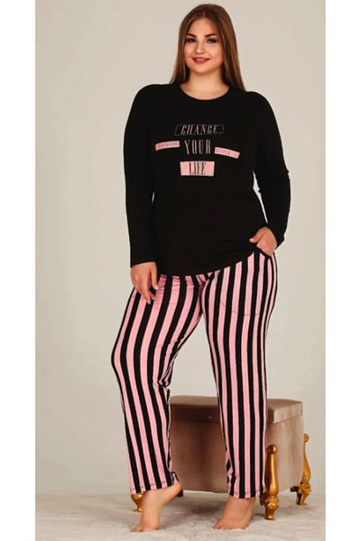 Cooqpoo Black Pink Striped Size 2Xl-3Xl-4Xl Pajama Set