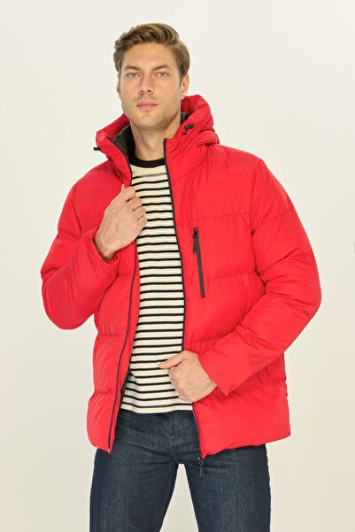 RİVERCLUP Erkek Kırmızı Elyaflı Kapüşonlu Rüzgar Geçirmez Şişme Kışlık Mont