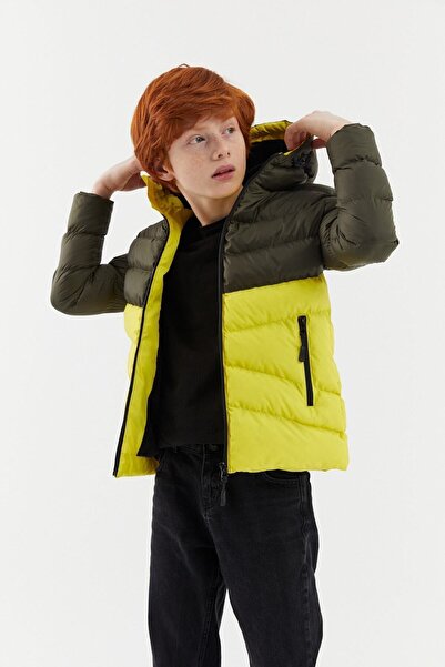 RİVERCLUP Erkek Çocuk Su Ve Rüzgar Geçirmez Elyaflı Haki-sarı Kapüşonlu Mont