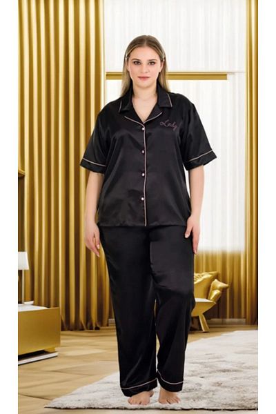 Cooqpoo Black Solid Short Sleeve 2Xl-3Xl-4Xl Size Pajamas Set