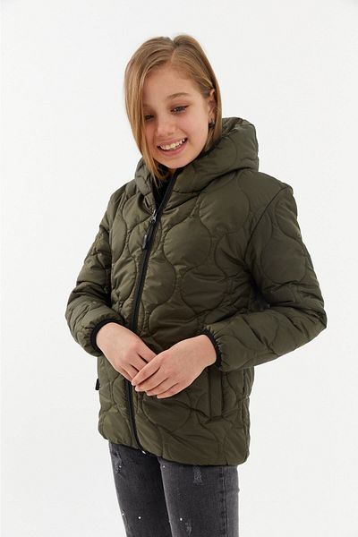 RİVERCLUP Girl's Onion Pattern Water and Windproof Fiber Khaki Hooded Coat