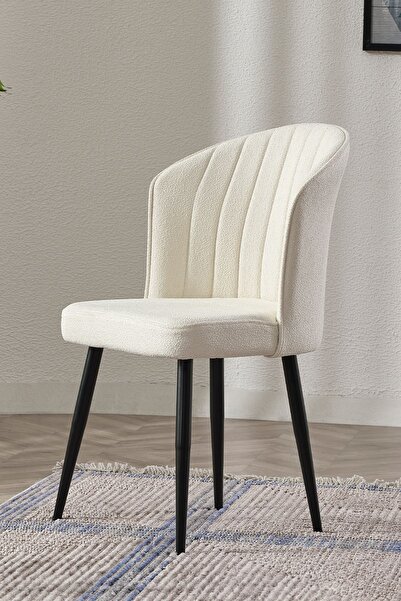 MYMASSA Rubi Sandalye - Mense Krem - Metal Siyah Ayak - Salon Sandalyesi / Mu...