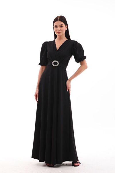 migi life likralı kumaş kruvaza yaka kemerli maxi boy kloş şık elbise