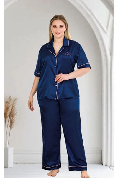 Cooqpoo Navy Blue Solid Short Sleeve 2Xl-3Xl-4Xl Size Pajamas Set