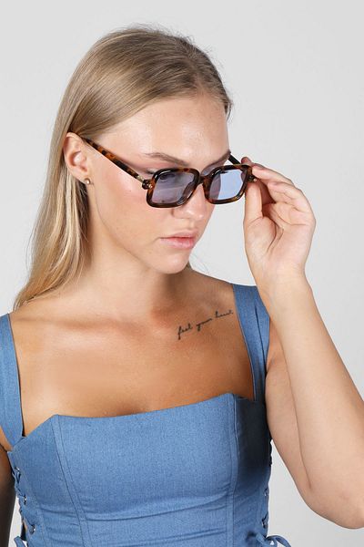 TomyHelf Women's Sunglasses Rectangle Leopard Frame Blue Glass