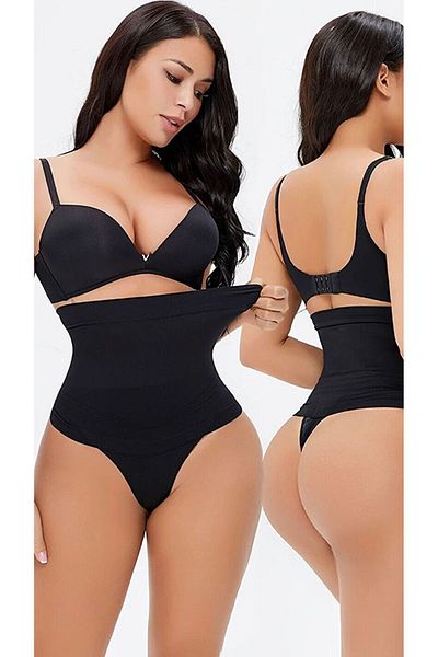 Cooqpoo High Waist Laser Cut Recovery Women's String Thong Panties - Black