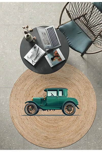 Halımax Jade Çift Taraflı Yıkanabilir Jüt Kilim Araba Desenli Bohem Jüt Halı