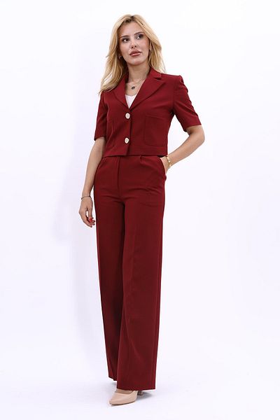 ÖNDER ÖZSOY High Waist and Wide Leg Mini Pants Set - Short Sleeve Jacket, Claret Red