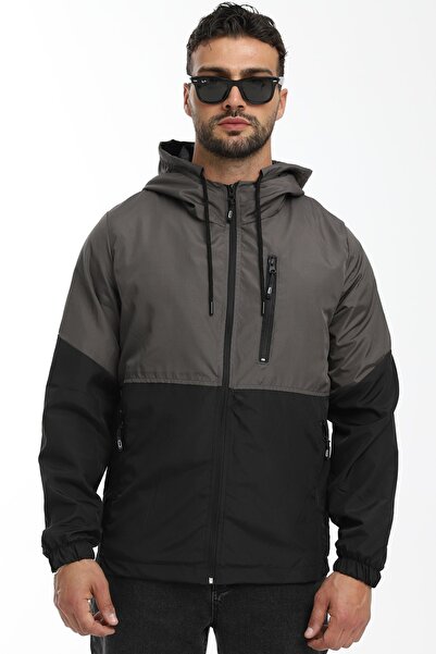 river green Men's Anthracite- Black Two Color Lined Hooded Pocket Raincoat-Wi...