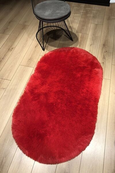 Halımax Tavşan Tüyü Kaymaz Tabanlı Kırmızı Oval Post Peluş Halı