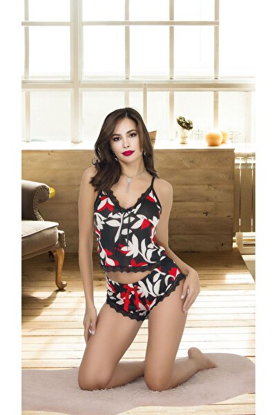 Cooqpoo Set de îmbrăcăminte pentru acasă, cu model negru, cu bretele moi, pentru femei, mărimea S/m-l/xl.