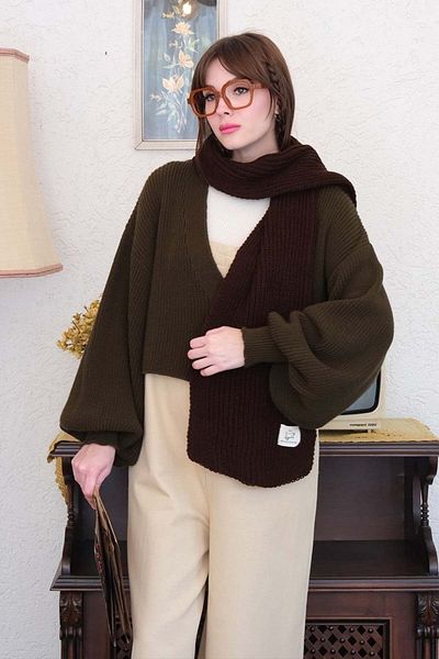 Ceylan Otantik Linen Salopet Jumpsuit and Khaki Balloon Sleeve Knitwear Cardigan - Cream