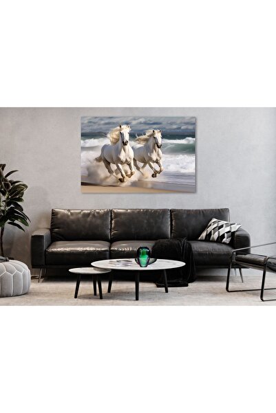 AllureArtDesign Koşan Asil Beyaz Atlar Kanvas Tablo, Sahilde Koşan Beyaz Atla...