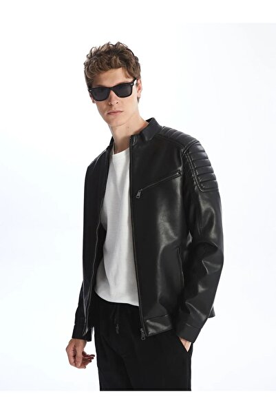 LC Waikiki Xside New Black Slim Fit Men's Leather Look Coat - Stand Collar