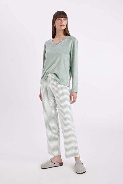DeFacto Pajama Set V-Neck Velour Long Sleeve Top Striped Elastic Waist Bottom-Fall in Love A6205Ax24Au