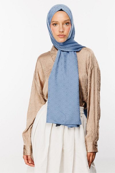 Mooncorn Şal jacquard mătăsos albastru cer cu model Lotus
