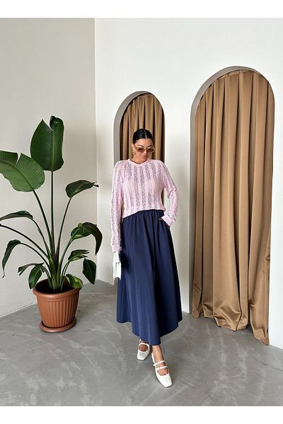Laluvia Lola Marineblauer langer Rock mit Reißverschluss