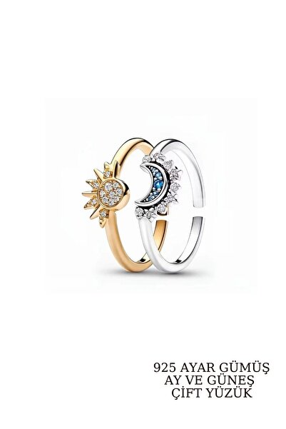 Elika Silver 925 Ayar Gümüş Gökyüzü Mavisi Işıltılı Ay ve Işıltılı Güneş Arka...