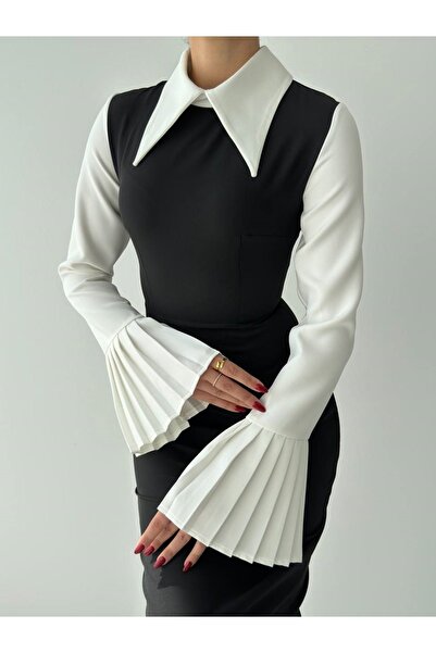 bayansepeti Gömlek Yaka Kolları Pilise Detaylı Siyah Midi Kalem Abiye Elbise 278