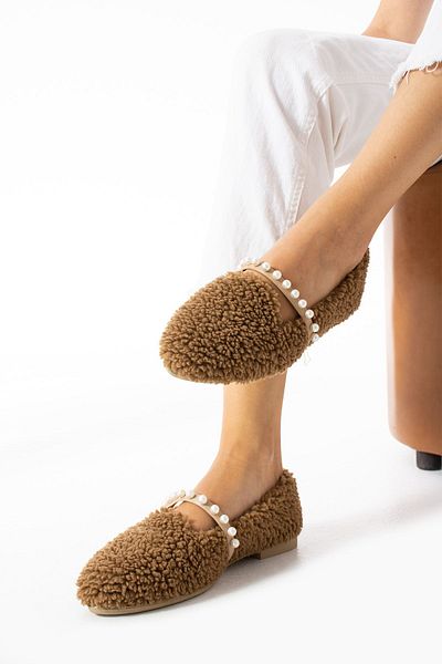 Moda Devrin Γυναικείες μπαλαρίνες Winter Mink Wool Pearled - Παπούτσια για το σπίτι και τον εξωτερικό χώρο