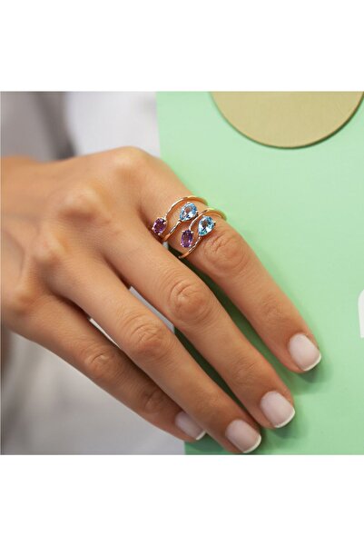 Ariş Ametist Mavi Topaz Altın Yüzük