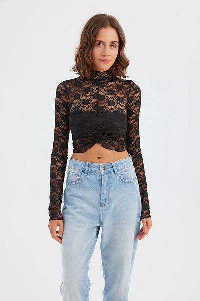 Hiccup Crop top cu mâneci lungi din dantelă cu imprimeu floral - guler în picioare