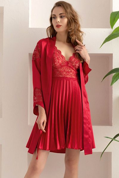 Jenny Daphne Red Lace Detailed Satin Nightgown and Dressing Gown Set - 2-Piece Long Sleeve 15235