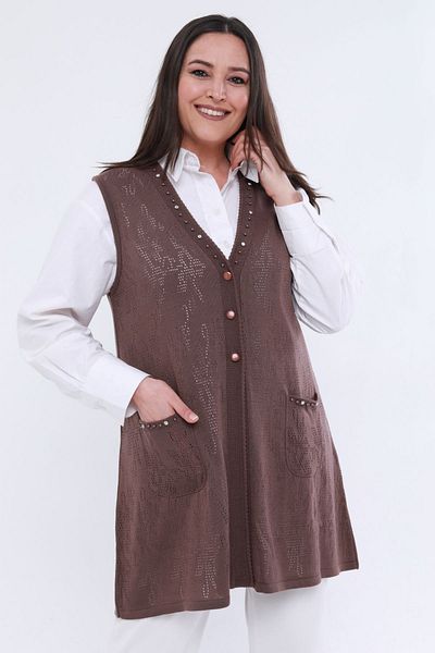 Laden Plus Size Women's Thin Long Hole Special Knitwear Mother Dusty Rose Vest